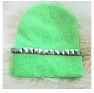 Neon green studded beanie